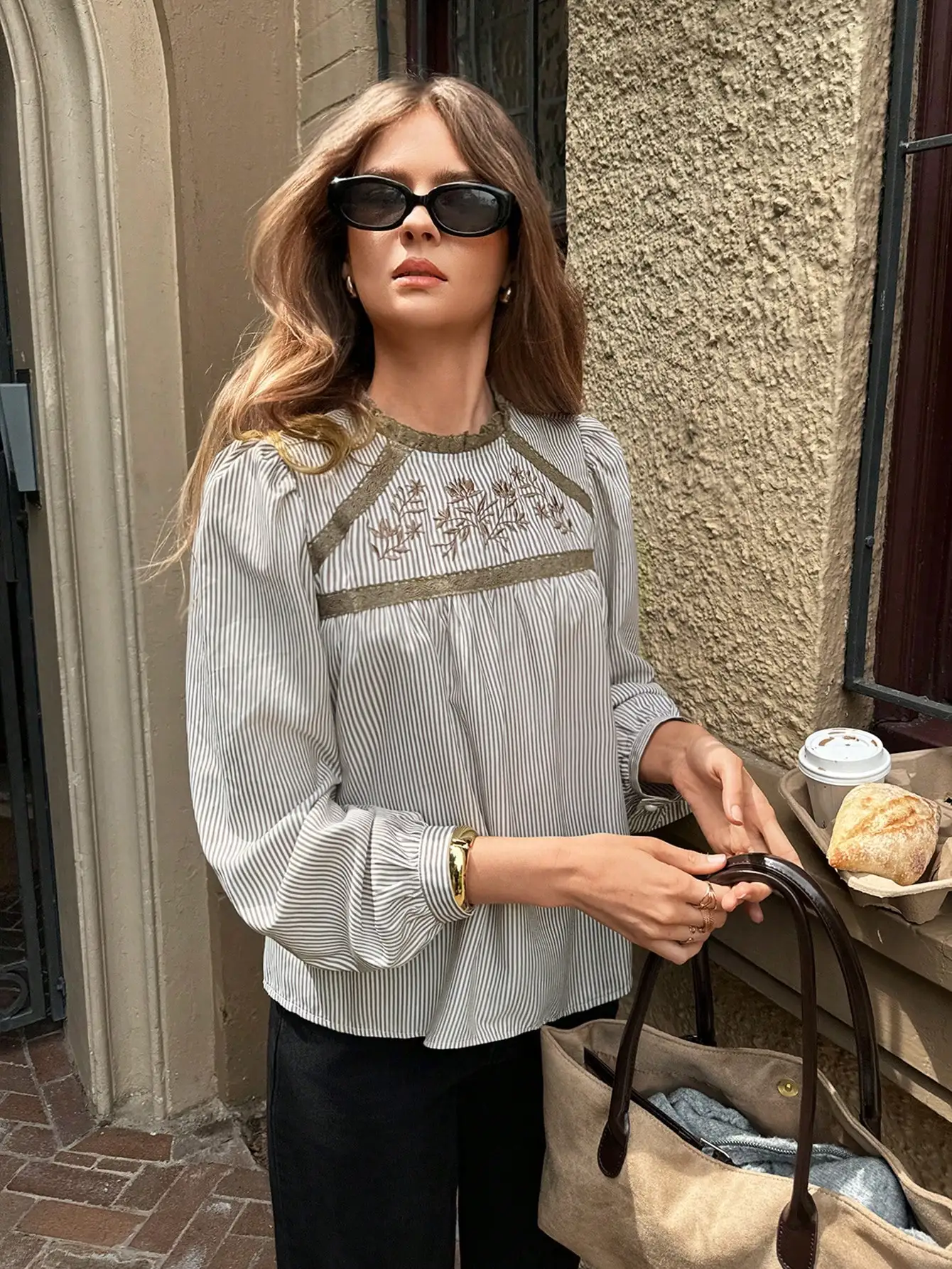 Women's Striped Floral Embroidered Lantern Sleeve Blouse - Casual Boho Top
Women's Striped Floral Embroidered Lantern Sleeve Blouse - Casual Boho Top