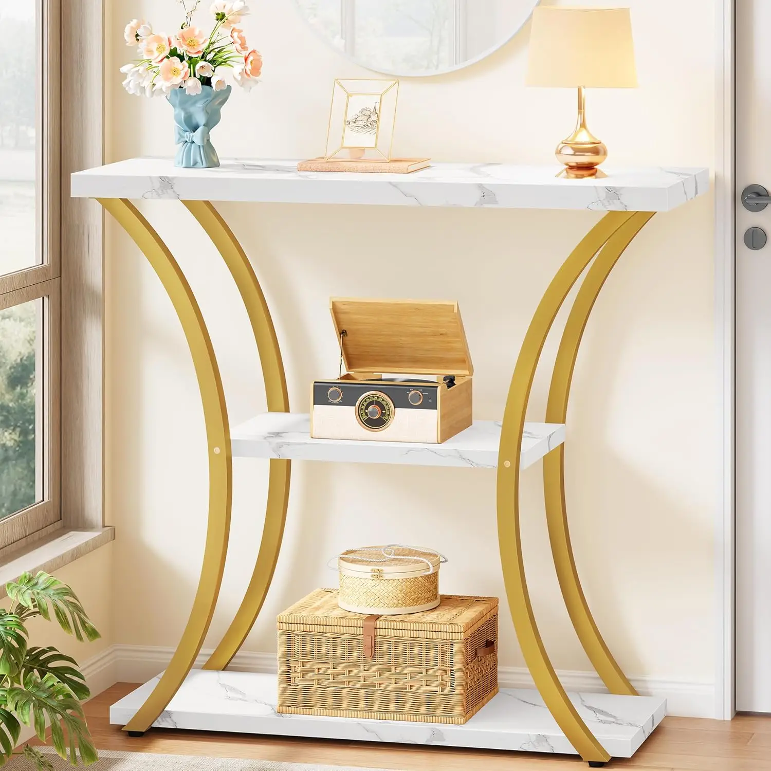 3 Tier Console Table with Open Shelves, Narrow Entryway Table, Gold & White Marbled, for Living Room, Hallway
3 Tier Console Table with Open Shelves, Narrow Entryway Table, Gold & White Marbled, for Living Room, Hallway