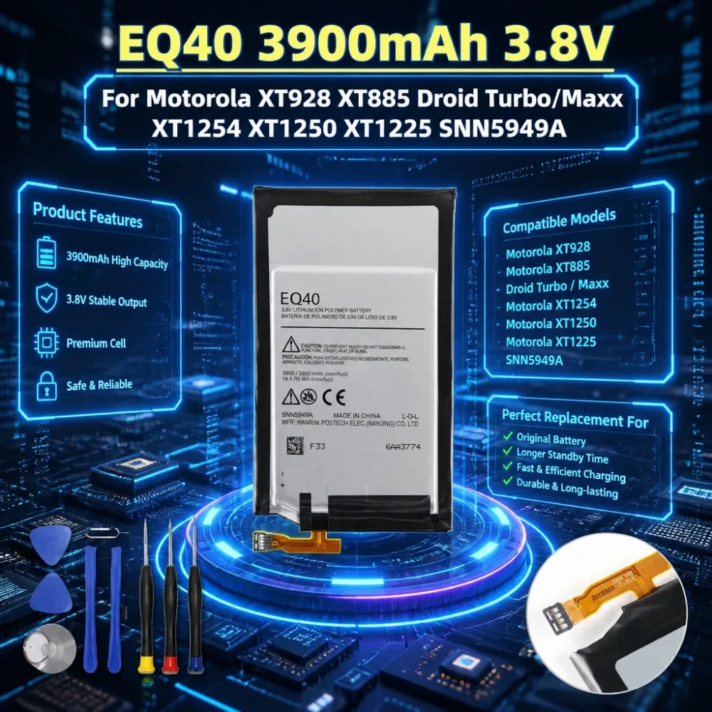 New EQ40 3900mAh 3.8V Mobile Phone Battery For Motorola XT928 XT885 Droid Turbo/Maxx XT1254 XT1250 XT1225 SNN5949A with Tools
New EQ40 3900mAh 3.8V Mobile Phone Battery For Motorola XT928 XT885 Droid Turbo/Maxx XT1254 XT1250 XT1225 SNN5949A with Tools