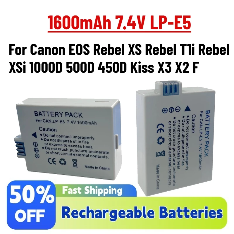 High-Quality New 1600mAh 7.4V LP-E5 LPE5 Battery Pack for Canon EOS Rebel XS Rebel T1i Rebel XSi 1000D 500D 450D Kiss X3 X2 F
High-Quality New 1600mAh 7.4V LP-E5 LPE5 Battery Pack for Canon EOS Rebel XS Rebel T1i Rebel XSi 1000D 500D 450D Kiss X3 X2 F