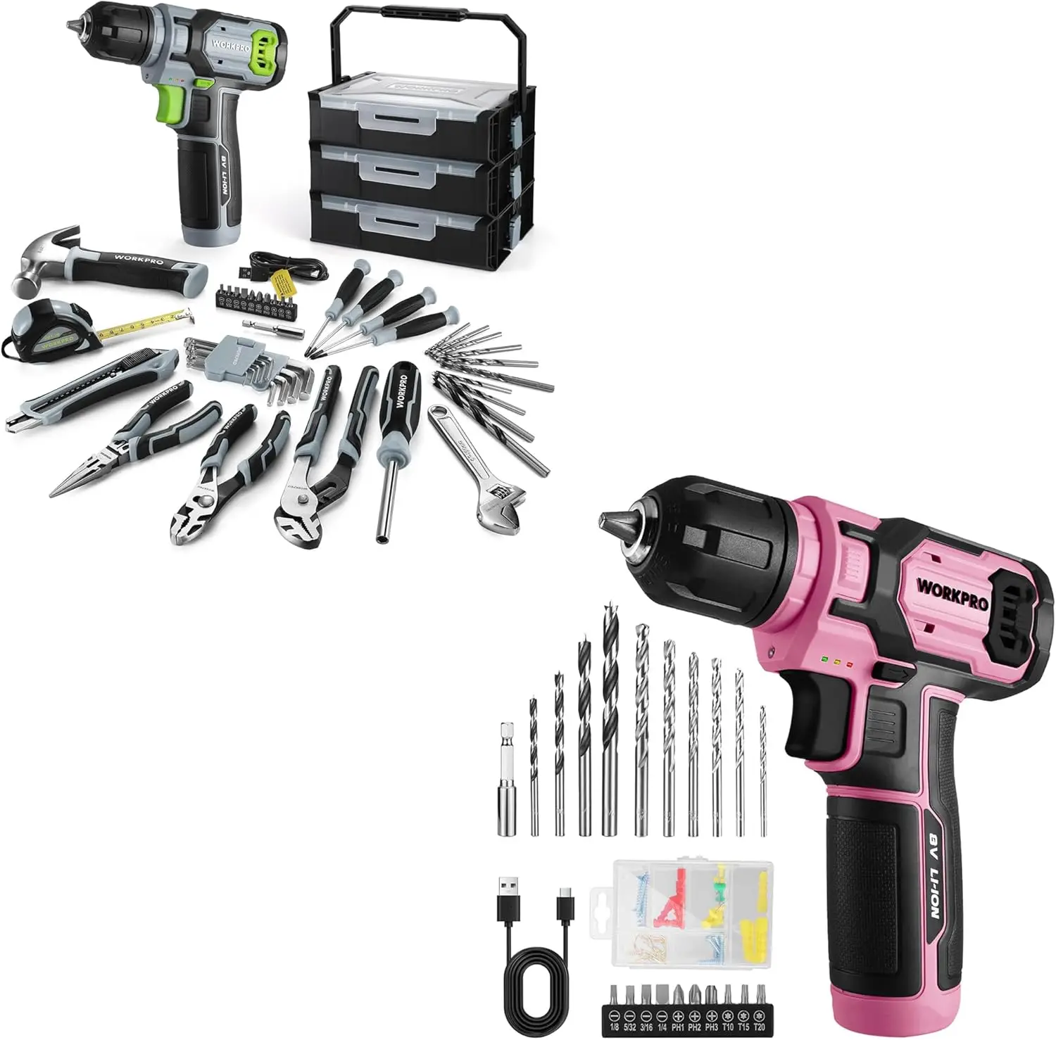 8V Cordless Drill Driver Set with 53pcs Bit Set - Pink & 43PCS Pink Tool Set with 8V Power Drill and Bits- Green
8V Cordless Drill Driver Set with 53pcs Bit Set - Pink & 43PCS Pink Tool Set with 8V Power Drill and Bits- Green