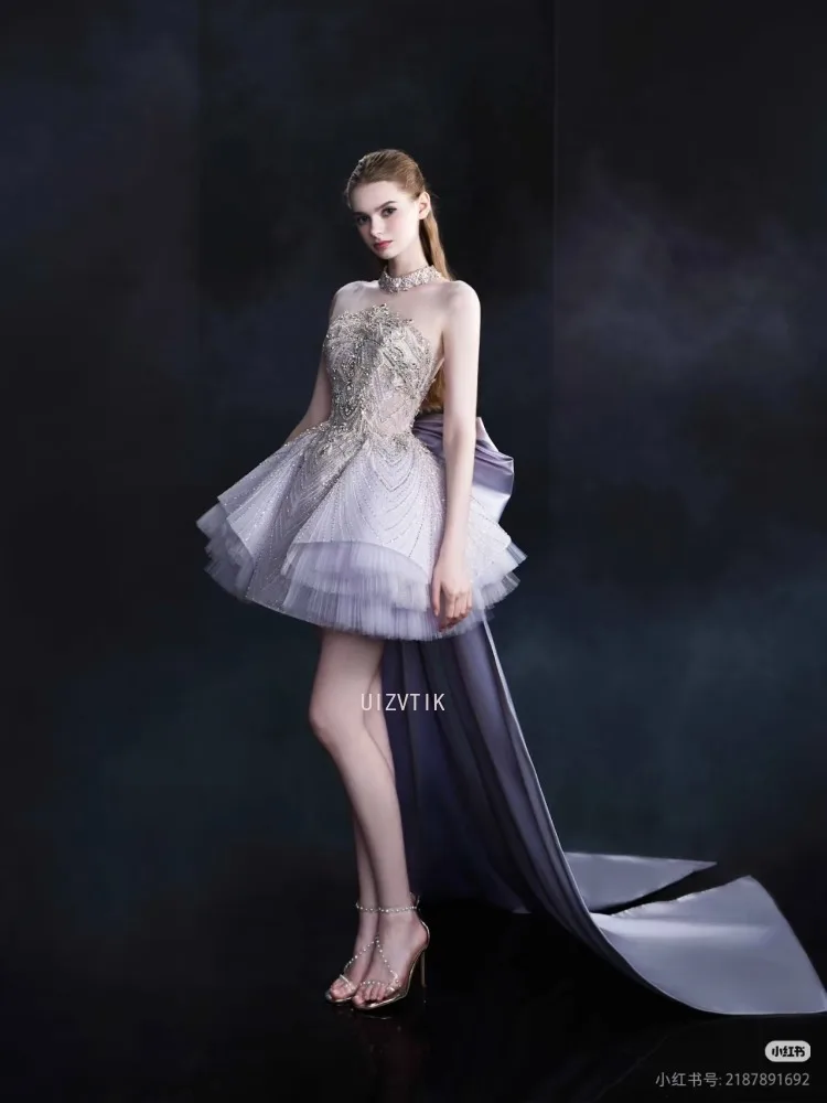 Luxury Women Crystal Beaded Short Prom Dress with Detachable Train Strapless Tulle Party Evening Gown Customized Formal Dresses
Luxury Women Crystal Beaded Short Prom Dress with Detachable Train Strapless Tulle Party Evening Gown Customized Formal Dresses