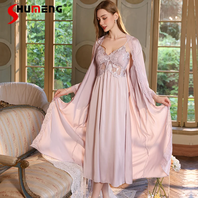 Luxury French Style High End Robe Set for Women Waist Nightwear Suit with Chest Pad Female Wearable Outside Gown Sets
Luxury French Style High End Robe Set for Women Waist Nightwear Suit with Chest Pad Female Wearable Outside Gown Sets