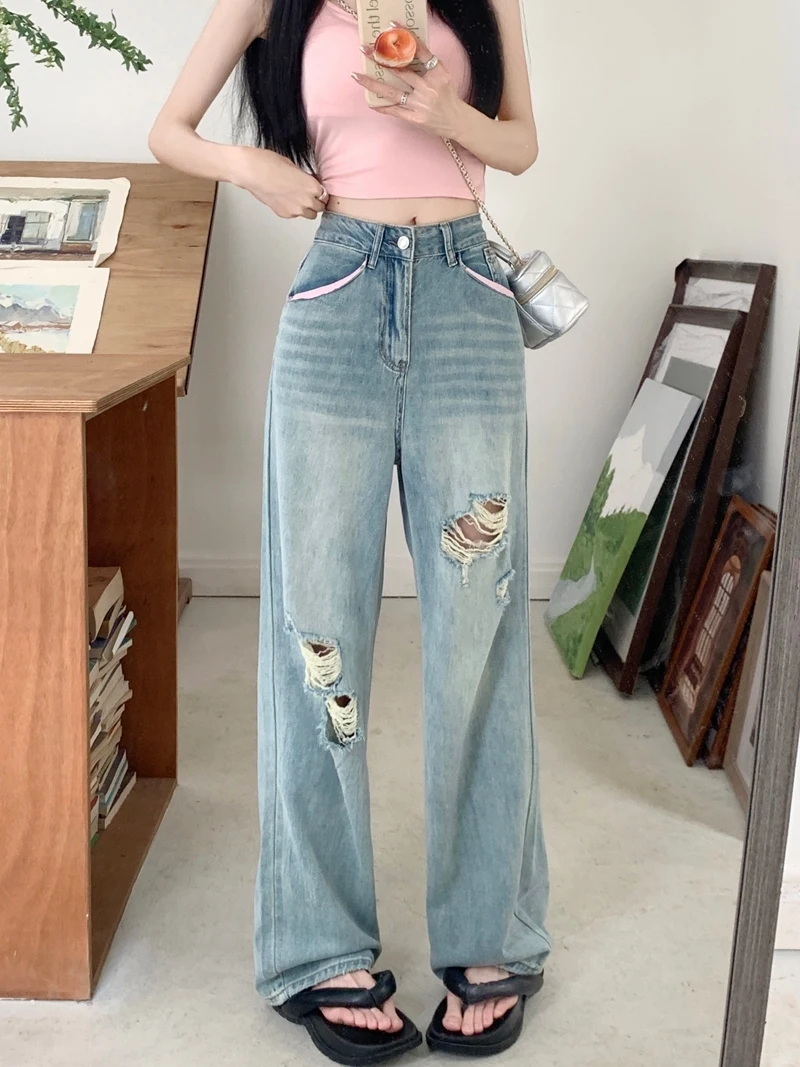 Retro American Blue Faded Denim Jeans High Waist Women's Summer Straight Leg Floor-Length Pants with Hole Craft Ladies Jeans
Retro American Blue Faded Denim Jeans High Waist Women's Summer Straight Leg Floor-Length Pants with Hole Craft Ladies Jeans