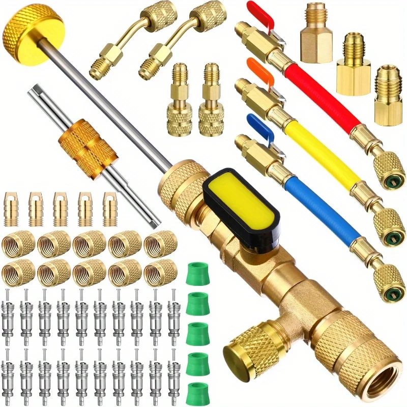 52 Pcs Air Conditioner Charging Hoses and R410a Adapter Kit, R134a R410a R22 R12 Hoses with Valve Core Remover Installer Tools
52 Pcs Air Conditioner Charging Hoses and R410a Adapter Kit, R134a R410a R22 R12 Hoses with Valve Core Remover Installer Tools