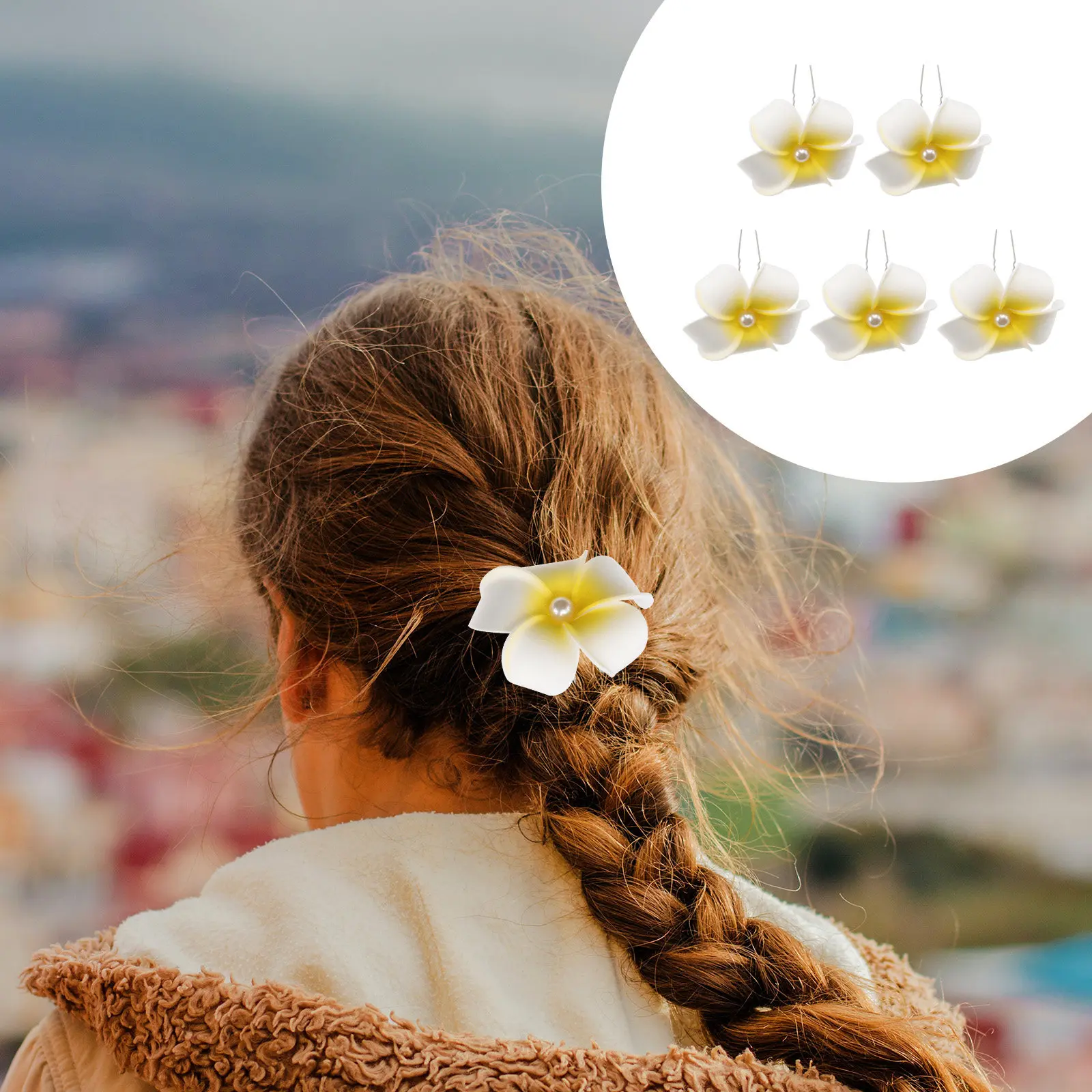 5Pcs Flower Hair Clip Hawaiian Plumeria Yellow 4.5cm U-Shape Bridal Hairpin for Beach Wedding Party Decoration
5Pcs Flower Hair Clip Hawaiian Plumeria Yellow 4.5cm U-Shape Bridal Hairpin for Beach Wedding Party Decoration