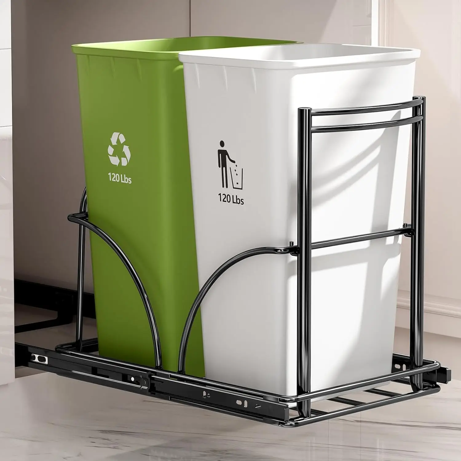 Pull Out Dual Trash Can Under Sink, No Cans, Slider for 35Qt Bins, Quiet Close Shelf, Fits Cabinet ≥16"W*17"H*23"D
Pull Out Dual Trash Can Under Sink, No Cans, Slider for 35Qt Bins, Quiet Close Shelf, Fits Cabinet ≥16"W*17"H*23"D