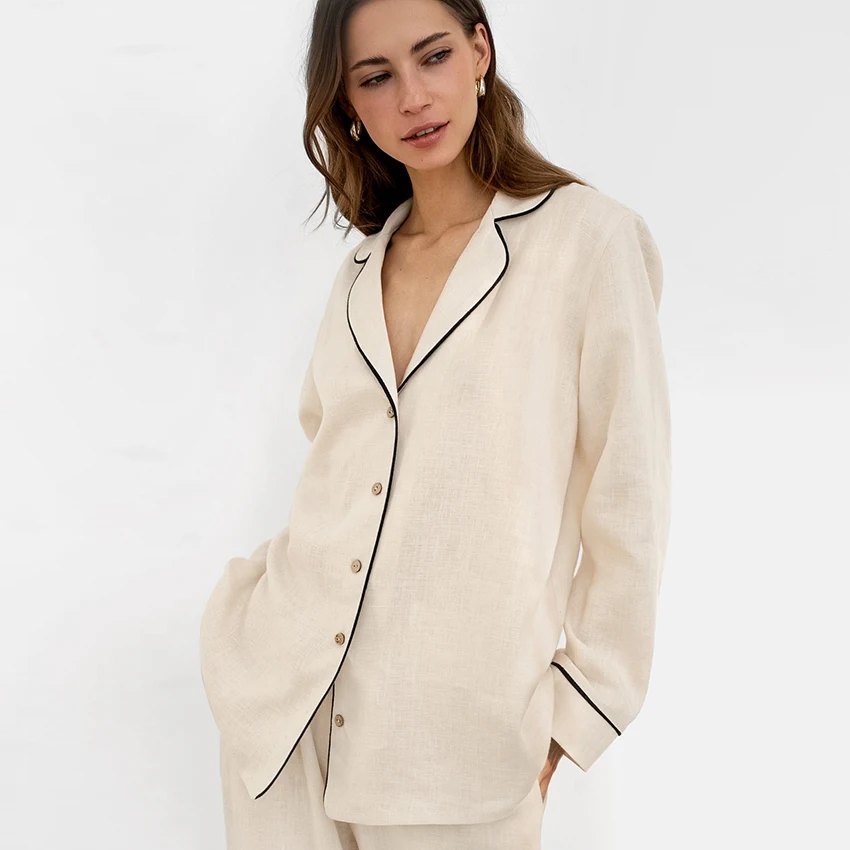 Hiloc Pure Cotton Contrast V-Neck Long Sleeve Button Blouse Suit Elastic Home Pocket Pants Outfit Woman Elegant Khaki Pajama Set
Hiloc Pure Cotton Contrast V-Neck Long Sleeve Button Blouse Suit Elastic Home Pocket Pants Outfit Woman Elegant Khaki Pajama Set