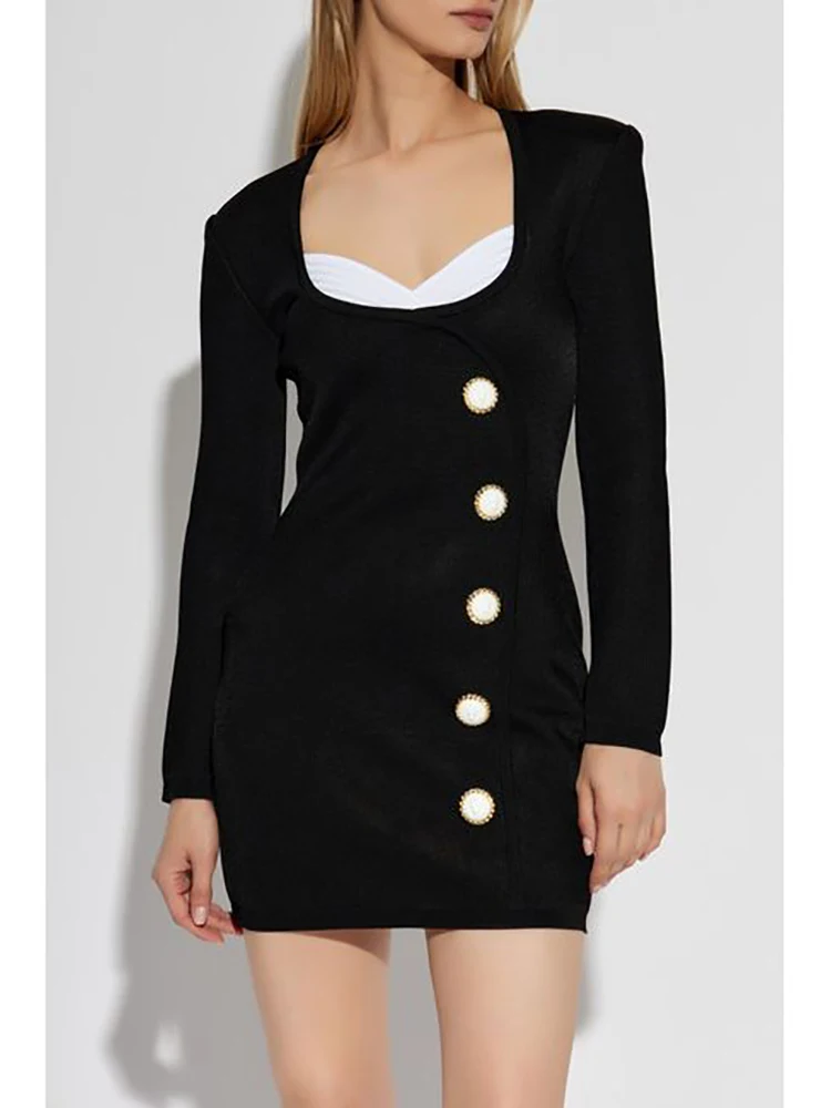 Sexy V Neck Patchwork Long Sleeves Bandage Dress Women Black Retro Button Decoration Mini Bodycon Dresses Party Evening Gowns
Sexy V Neck Patchwork Long Sleeves Bandage Dress Women Black Retro Button Decoration Mini Bodycon Dresses Party Evening Gowns