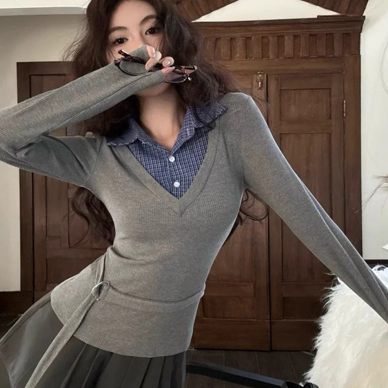 Корейские лоскутные футболки из двух предметов с воротником-поло Femme, осень-зима, тонкая внутренняя часть, повседневная клетчатая футболка с длинными рукавами
Корейские лоскутные футболки из двух предметов с воротником-поло Femme, осень-зима, тонкая внутренняя часть, повседневная клетчатая футболка с длинными рукавами