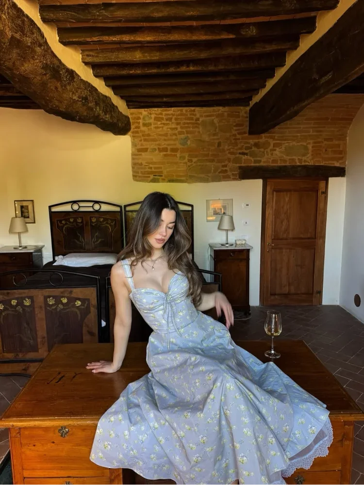 Sexy Light Blue Floral Print Dresses Sweetheart Neckline Ruffle Straps Lace-up Bust High Waist Women's Summer Dress Outing Robes
Sexy Light Blue Floral Print Dresses Sweetheart Neckline Ruffle Straps Lace-up Bust High Waist Women's Summer Dress Outing Robes