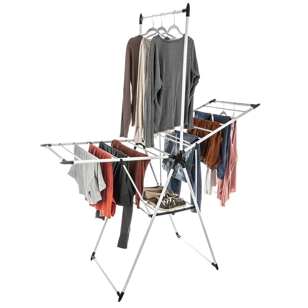 Free ShippingClothes Drying Rack - 2-Level Laundry Drying Rack with 24 Drying Rails, Hanging Bar, and 2 Height-Adjustable Wings