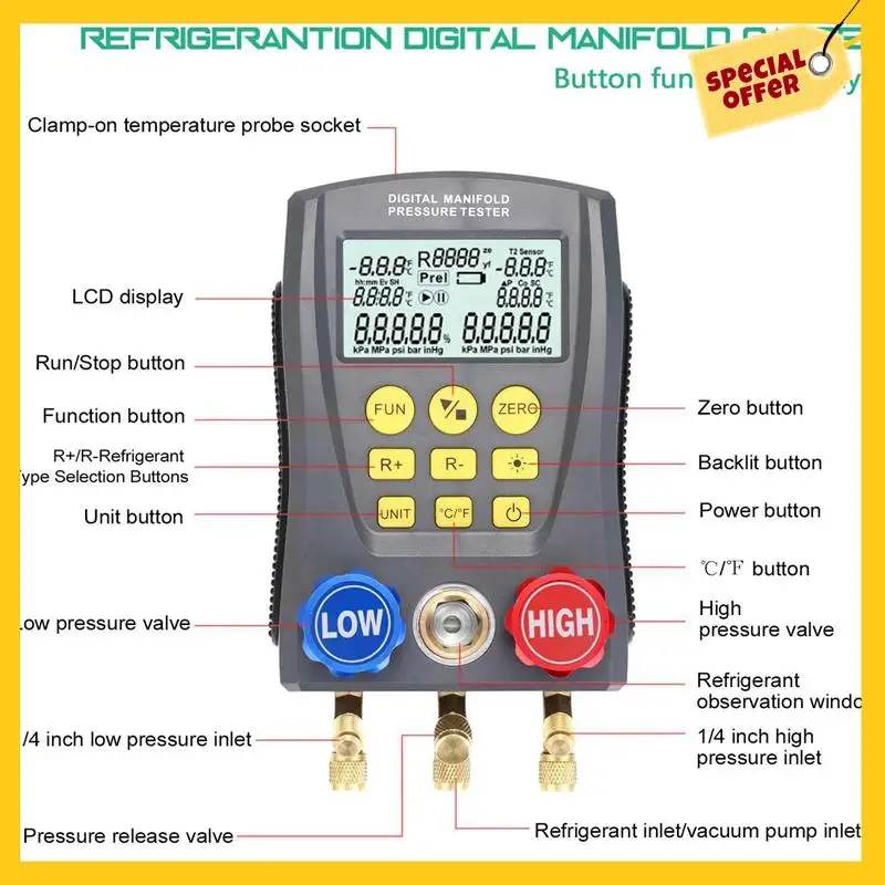 Abcypressure Gauge Refrigeration Digital Vacuum Pressure Manifold Tester Meter HVAC Temperature Tester Gauge Meter Durable
Abcypressure Gauge Refrigeration Digital Vacuum Pressure Manifold Tester Meter HVAC Temperature Tester Gauge Meter Durable