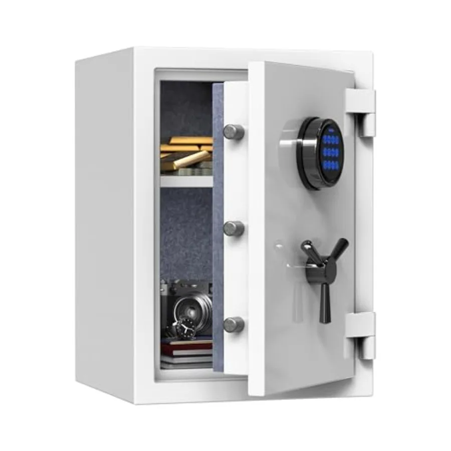 Fireproof home safe for jewelry, documents, cash; white steel; digital touch screen, 3-spoke handle, removable shelf; 1.29 cu f
Fireproof home safe for jewelry, documents, cash; white steel; digital touch screen, 3-spoke handle, removable shelf; 1.29 cu f