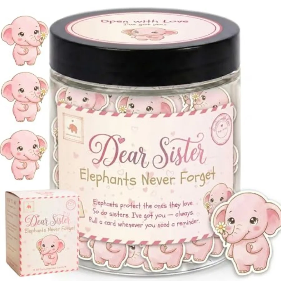 Jar for Sister — 60 Encouragement Cards, Elephants Never Forget, Sister Birthday Mothers Day Graduation Gift, Inspirational Ele
Jar for Sister — 60 Encouragement Cards, Elephants Never Forget, Sister Birthday Mothers Day Graduation Gift, Inspirational Ele