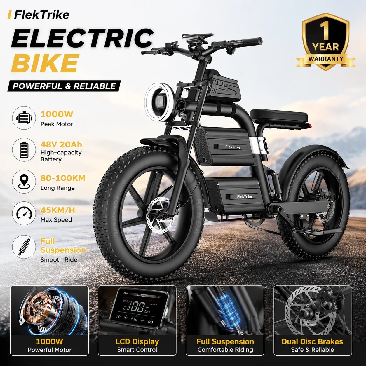 FlekTrike 48V20AH Removable Battery Electric Motorcycle 20 Fat Tire Full Suspension Electric Bike LCD Display
FlekTrike 48V20AH Removable Battery Electric Motorcycle 20 Fat Tire Full Suspension Electric Bike LCD Display