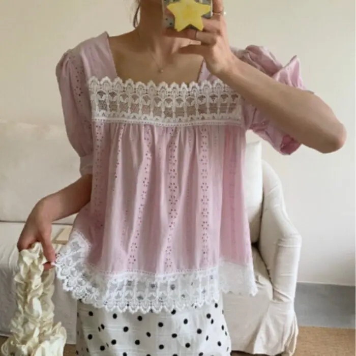 Cute Style Short Sleeve Embroidered Lace Splicing Hollow out Summer Fashionable Shirt Women's Loose Fit Cotton Casual Top
Cute Style Short Sleeve Embroidered Lace Splicing Hollow out Summer Fashionable Shirt Women's Loose Fit Cotton Casual Top