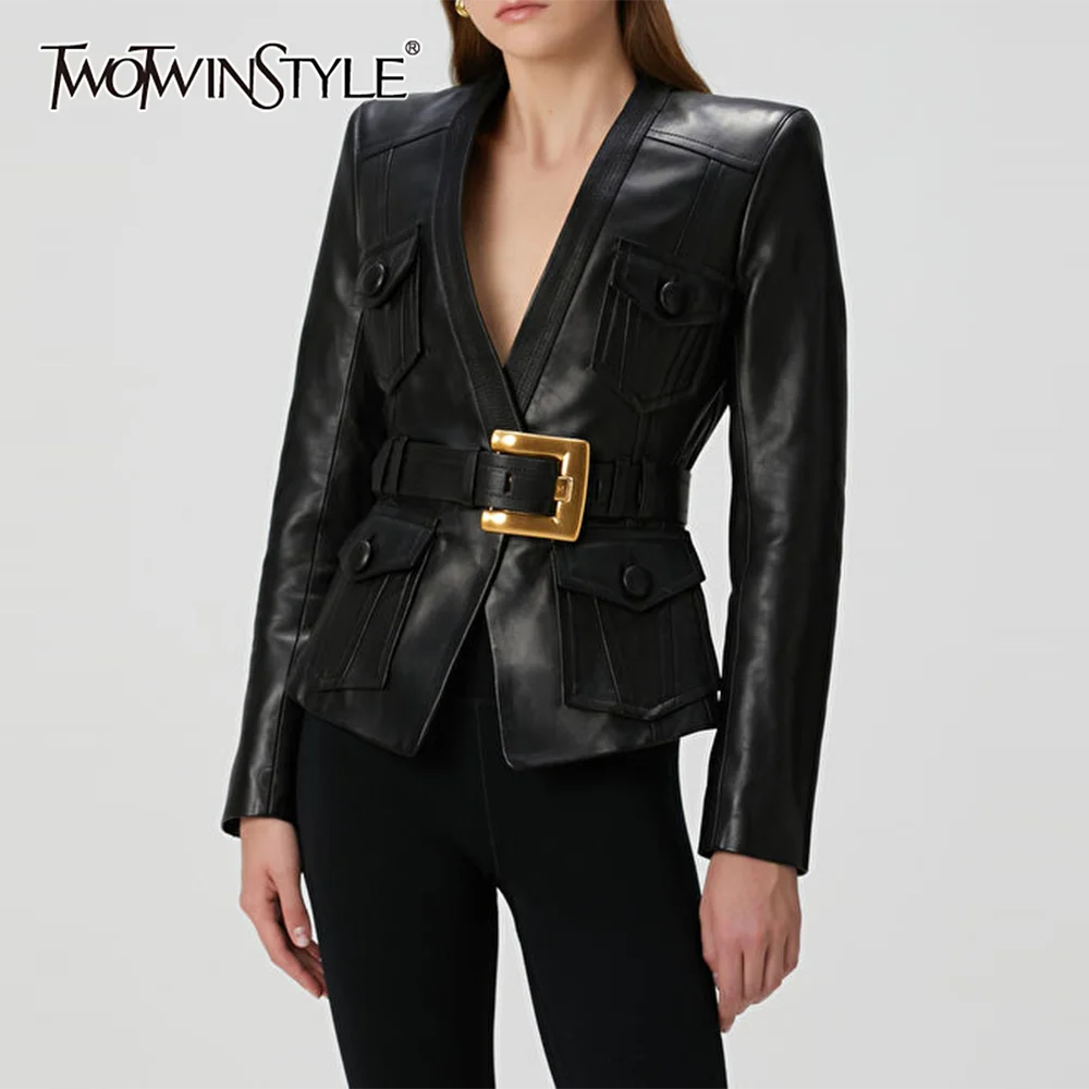 TWOTWINSTYLE Black Spliced Pocket Chic Jacket Female V Neck Long Sleeve Patchwork Sashes Cool Women's Jackets Autumn Fashion New
TWOTWINSTYLE Black Spliced Pocket Chic Jacket Female V Neck Long Sleeve Patchwork Sashes Cool Women's Jackets Autumn Fashion New