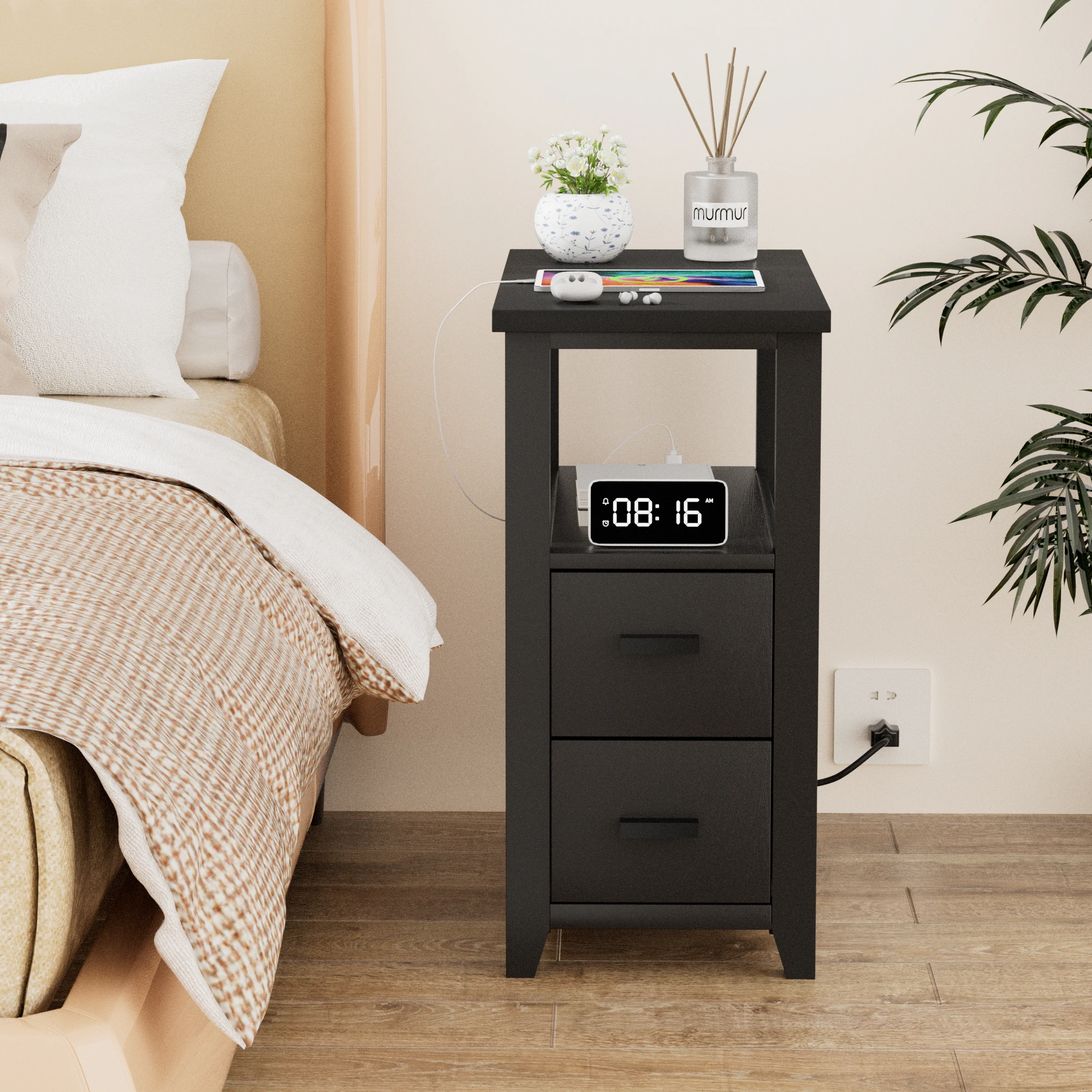 Slim bedside table with two fabric-covered drawers, narrow-sided table with charging station, slim bedside table set for the bed
Slim bedside table with two fabric-covered drawers, narrow-sided table with charging station, slim bedside table set for the bed