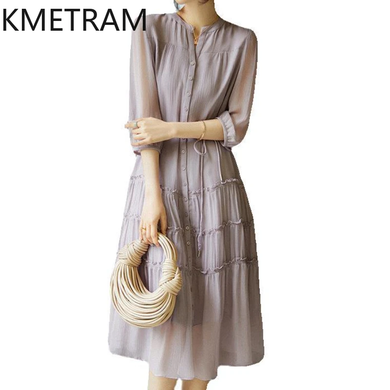 KMETRAM 100% Mulberry Silk Smoky Purple Dress for Women 2024 Pleated Tie Skirt Summer Mid-length Women's Clothing New Vestidos
KMETRAM 100% Mulberry Silk Smoky Purple Dress for Women 2024 Pleated Tie Skirt Summer Mid-length Women's Clothing New Vestidos