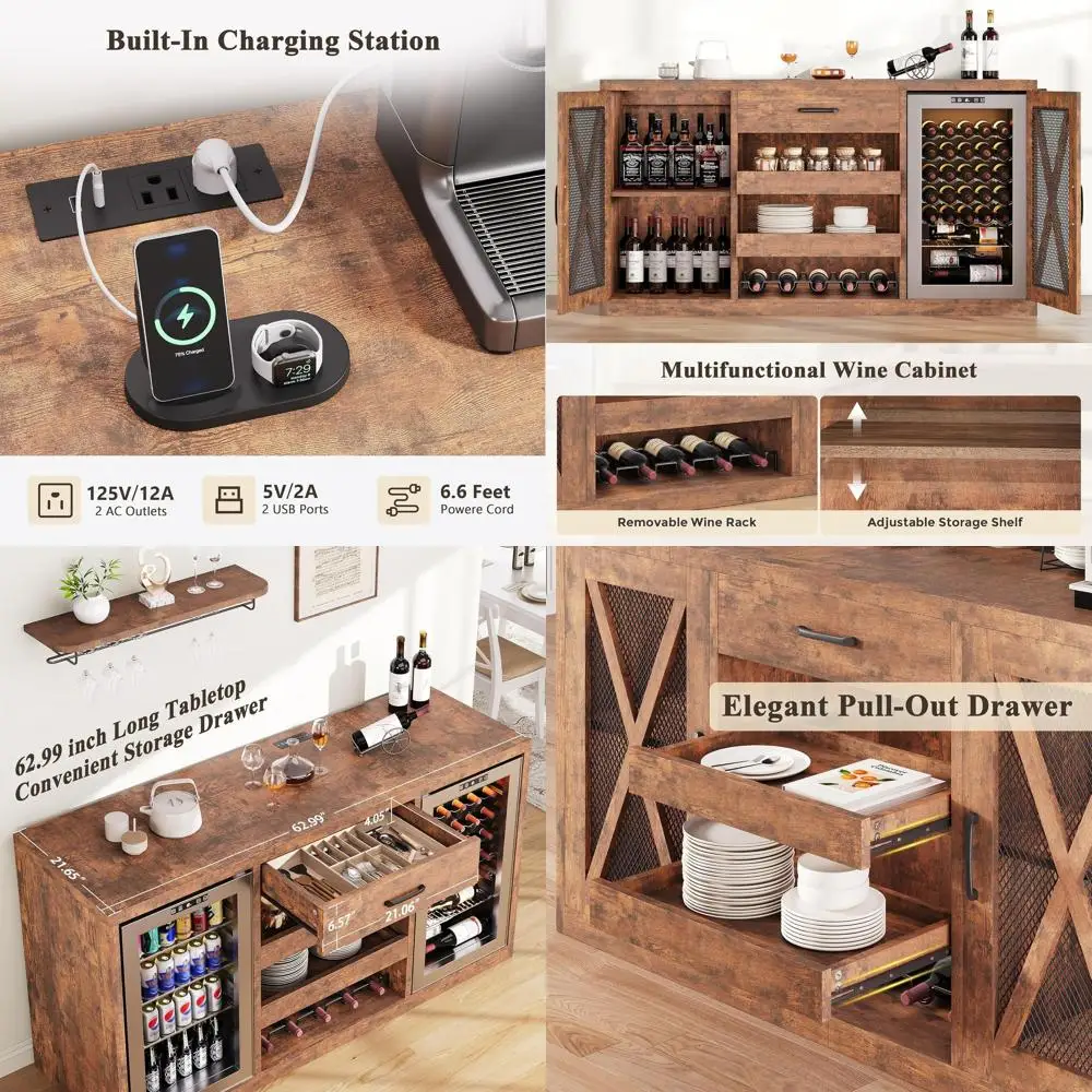 Spacious Ridge Coffee Bar Cabinet with Mini Ridge Cabinet, Power Outlets, and Wine Rack - Rustic Brown for Living Room, Entryway