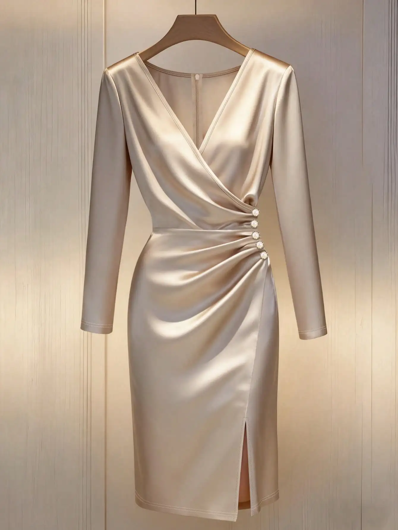 Шикарное атласное платье миди цвета шампань с V-образным вырезом, длинными рукавами, жемчужными пуговицами и боковым разрезом
Шикарное атласное платье миди цвета шампань с V-образным вырезом, длинными рукавами, жемчужными пуговицами и боковым разрезом