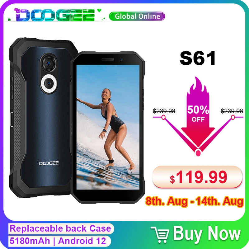 Doogee S61 Rugged Mobile Phone, IP68 Waterproof Smartphone, 5180mAh Battery,6+64GB,Helio G35,6.0” Display,Android 12 Cell Phone
Doogee S61 Rugged Mobile Phone, IP68 Waterproof Smartphone, 5180mAh Battery,6+64GB,Helio G35,6.0” Display,Android 12 Cell Phone