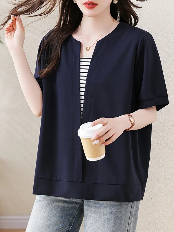 Casual Stripe Patchwork Loose Fit Short Sleeve T-Shirt Women's plus Size Summer New Style Versatile Top Ensemble Look
Casual Stripe Patchwork Loose Fit Short Sleeve T-Shirt Women's plus Size Summer New Style Versatile Top Ensemble Look