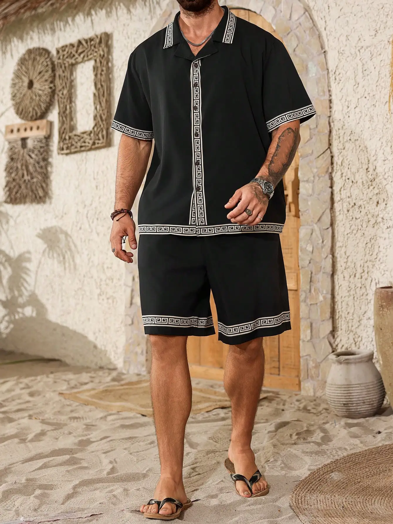 Men's Black Geometric Print Short Sleeve Single Breasted Shirt And Shorts Casual Two Piece Set
Men's Black Geometric Print Short Sleeve Single Breasted Shirt And Shorts Casual Two Piece Set