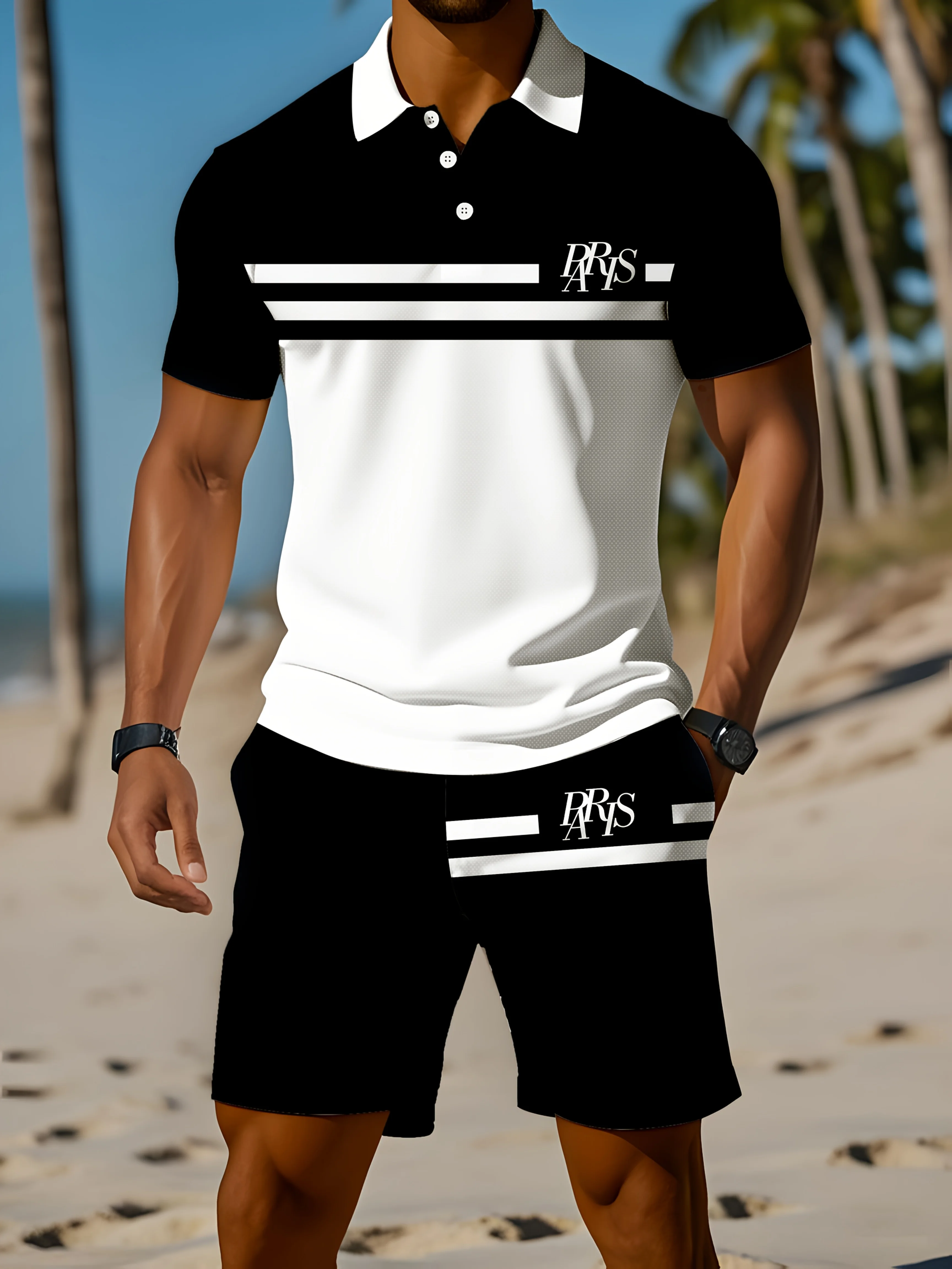Men's Black and White Contrast Paris Print Striped Polo Shirt and Shorts Two-Piece Quick-Dry Casual Sportswear Set
Men's Black and White Contrast Paris Print Striped Polo Shirt and Shorts Two-Piece Quick-Dry Casual Sportswear Set