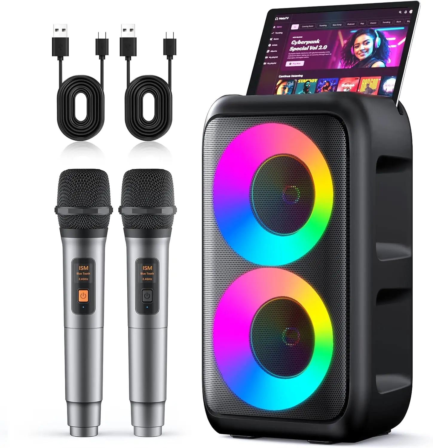 Портативная караоке-система с Bluetooth, 2 беспроводными микрофонами, LED-подсветкой и 10-часовым временем работы от батареи для домашних и уличных вечеринок
Портативная караоке-система с Bluetooth, 2 беспроводными микрофонами, LED-подсветкой и 10-часовым временем работы от батареи для домашних и уличных вечеринок