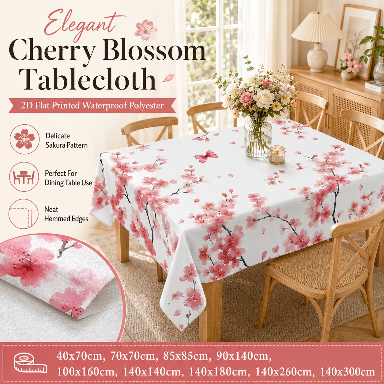 Elegant Sakura Floral Tablecloth 2D Flat Printed Waterproof Polyester Pink Flower Table Cover For Kitchen Spring Party Decor
Elegant Sakura Floral Tablecloth 2D Flat Printed Waterproof Polyester Pink Flower Table Cover For Kitchen Spring Party Decor