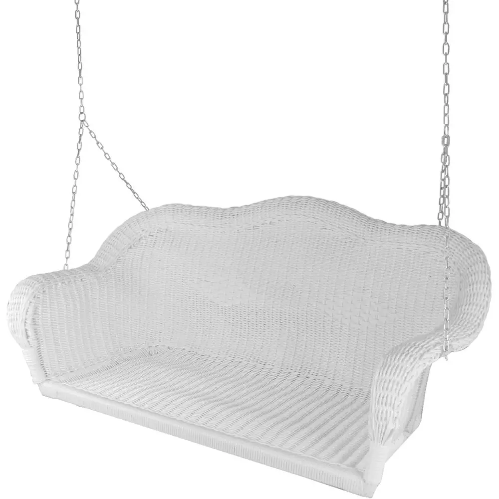 Белые подвесные качели для веранды с плетеным из полимерной соломки сиденьем и цепью
Белые подвесные качели для веранды с плетеным из полимерной соломки сиденьем и цепью