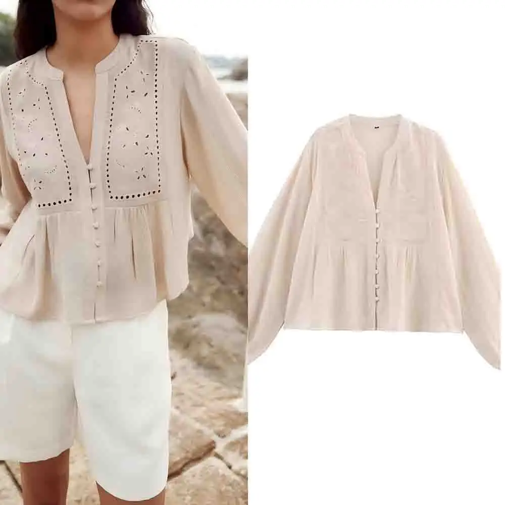 Women's new fashion button up decoration short hollow embroidery shirt retro V-neck long sleeved women's shirt chic top
Women's new fashion button up decoration short hollow embroidery shirt retro V-neck long sleeved women's shirt chic top