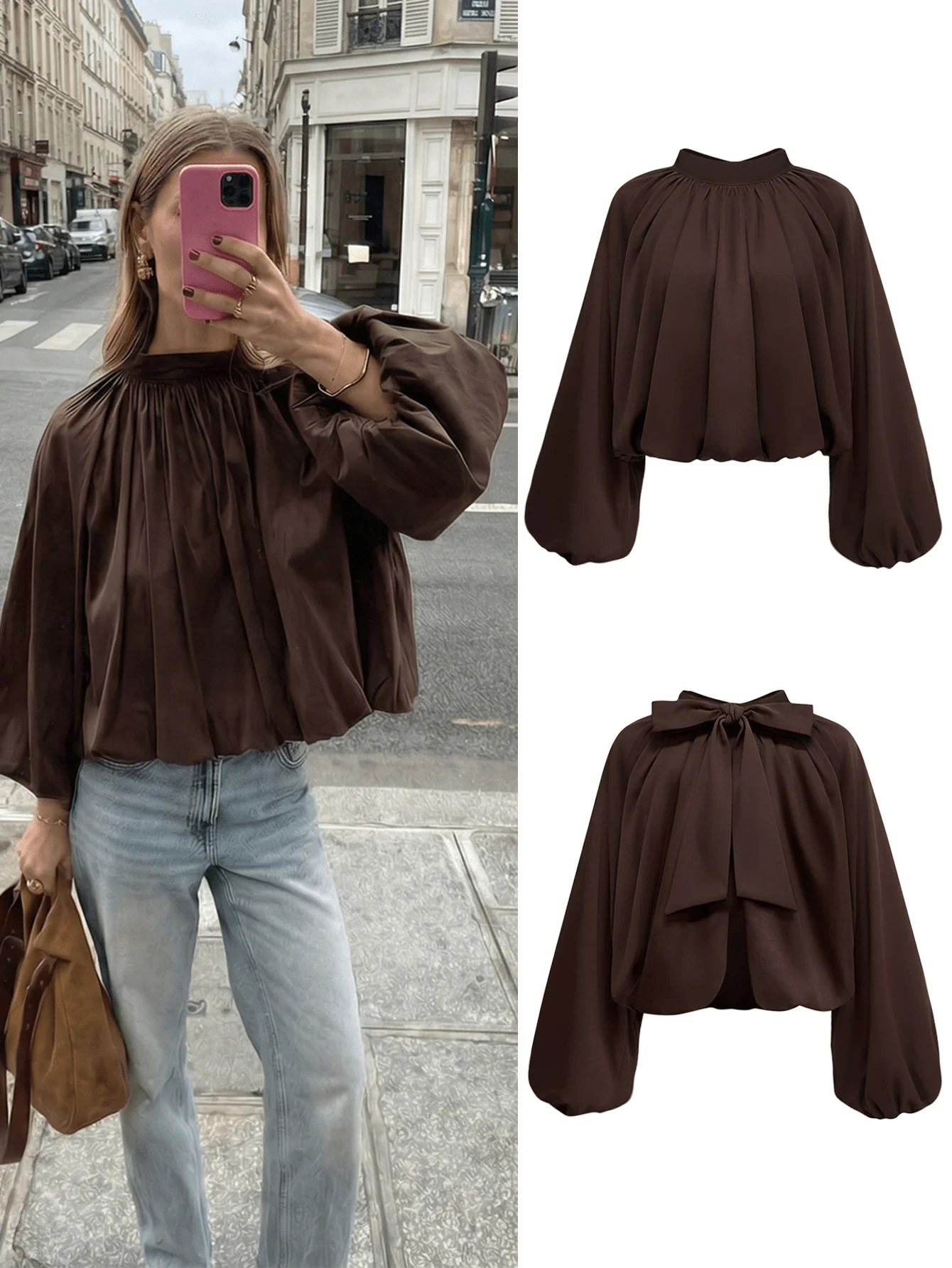 Women's Brown Gathered Neck Balloon Sleeve Blouse - Casual Loose Crop Top
Women's Brown Gathered Neck Balloon Sleeve Blouse - Casual Loose Crop Top