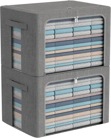Clothes Storage Bins Box - Linen Fabric Foldable Stackable Container Organizer Set with Clear Window & Carry Handles & Metal