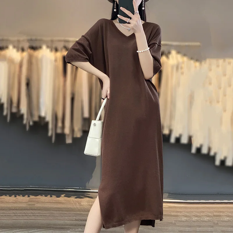 Cotton Dress Women's Spring and Summer New Half-sleeve V-neck Mid-length Loose Thin Knit Dress
Cotton Dress Women's Spring and Summer New Half-sleeve V-neck Mid-length Loose Thin Knit Dress