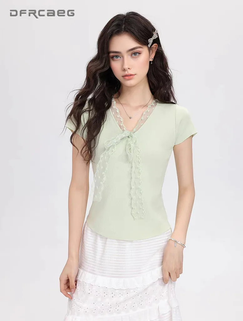 Patchwork Summer Slim-Fit Knitted Tank Top For Women High Elasticity Sexy V-Neck Short Sleeve T Shirt With Bow Lady
Patchwork Summer Slim-Fit Knitted Tank Top For Women High Elasticity Sexy V-Neck Short Sleeve T Shirt With Bow Lady