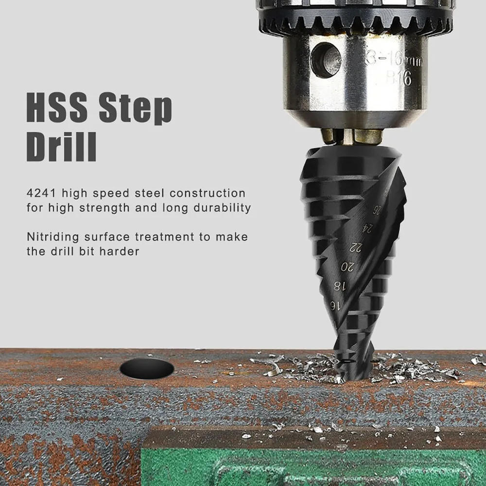 High Speed Steel Step Drill Bit 6-30mm Size 0.23"-1.18" Size HSS Step Drill Bit Nitrogen Coated Cone Shape Cone Step Drill Bit
High Speed Steel Step Drill Bit 6-30mm Size 0.23"-1.18" Size HSS Step Drill Bit Nitrogen Coated Cone Shape Cone Step Drill Bit