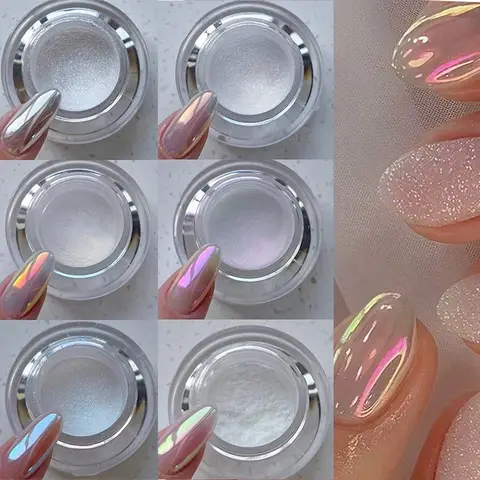 1Jar Aurora Pearl White Nail Powder Moonlight Magic Mirror Chrome Pigment Dust for UV Gel Polish Manicure Glitter Powder Decor #