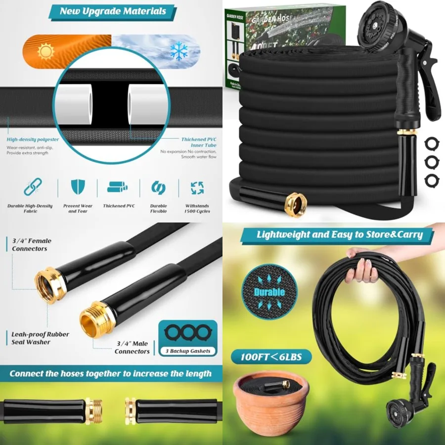 Garden Hose 100Feet, 3/4 GHT Non-Expanding Water Hose Lightweight, Flexible Garden Hose with 10 Function Nozzle, Kink-Free, Stu
Garden Hose 100Feet, 3/4 GHT Non-Expanding Water Hose Lightweight, Flexible Garden Hose with 10 Function Nozzle, Kink-Free, Stu