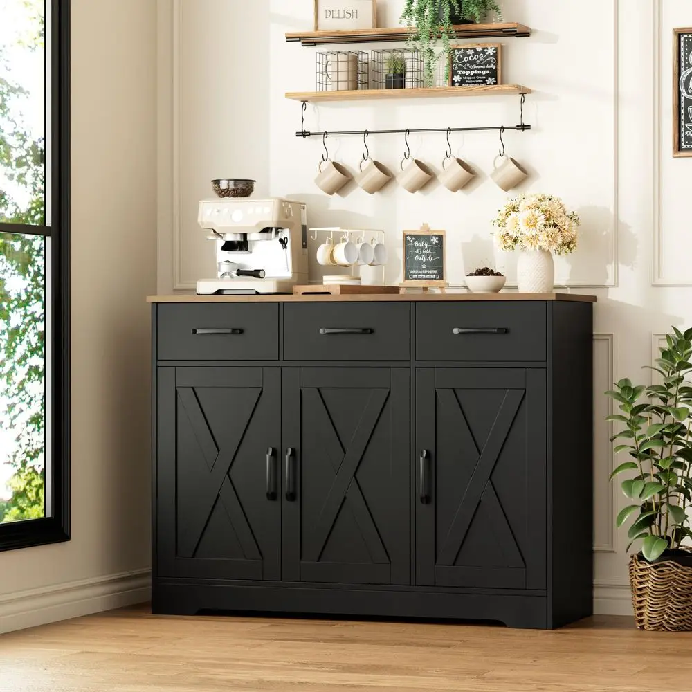 Modern Farmhouse Buffet Sideboard Cabinet, Barn Doors Storage Cabinet with Drawers and Shelves, Wood Coffee Bar with Storage fo
Modern Farmhouse Buffet Sideboard Cabinet, Barn Doors Storage Cabinet with Drawers and Shelves, Wood Coffee Bar with Storage fo