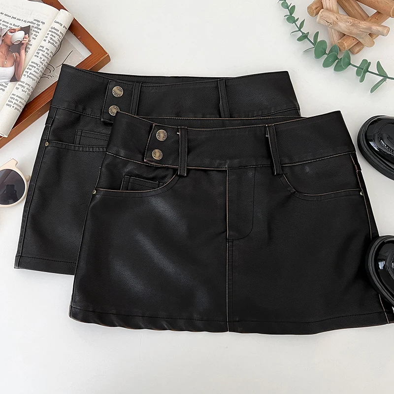 Autumn Low Waist Skirt For Women Solid Color PU Two Buttons High Street Sexy American Fashion Vintage Slim Fit Short Skirts
Autumn Low Waist Skirt For Women Solid Color PU Two Buttons High Street Sexy American Fashion Vintage Slim Fit Short Skirts