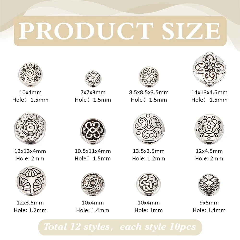 120Pcs 12 Styles Alloy Beads Flat Round Silver 7~14x7~13x3~5mm Hole: 1~2mm 10pcs/style
120Pcs 12 Styles Alloy Beads Flat Round Silver 7~14x7~13x3~5mm Hole: 1~2mm 10pcs/style