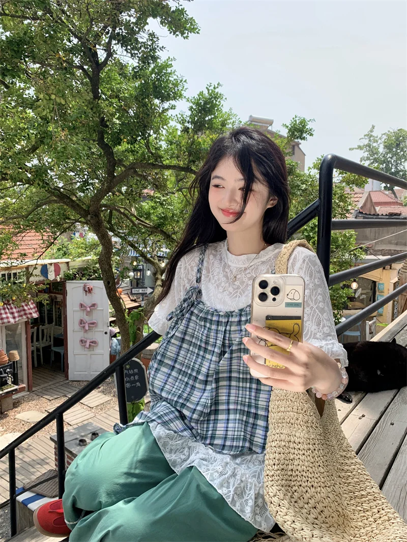 Lace Crop Top And High Waist Pants Women's Summer Casual Outfit Three-piece Set Checkered Patterned Strap Vest Lazy Style
Lace Crop Top And High Waist Pants Women's Summer Casual Outfit Three-piece Set Checkered Patterned Strap Vest Lazy Style