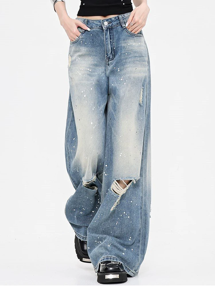 plus Size Women's Loose Fit Trousers American Retro Print Hole Denim Pants Wide Leg Pants Casual High Waist Long Pants
plus Size Women's Loose Fit Trousers American Retro Print Hole Denim Pants Wide Leg Pants Casual High Waist Long Pants