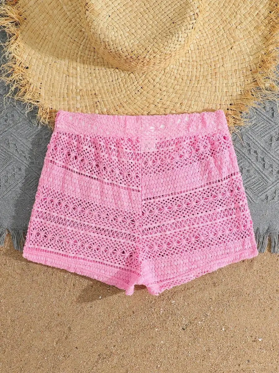 Pink Hollow Crochet Lace Beach Shorts For Women Teens, Elastic Drawstring Waist, Breathable Frayed Hem Cover-Up Summer Wear
Pink Hollow Crochet Lace Beach Shorts For Women Teens, Elastic Drawstring Waist, Breathable Frayed Hem Cover-Up Summer Wear