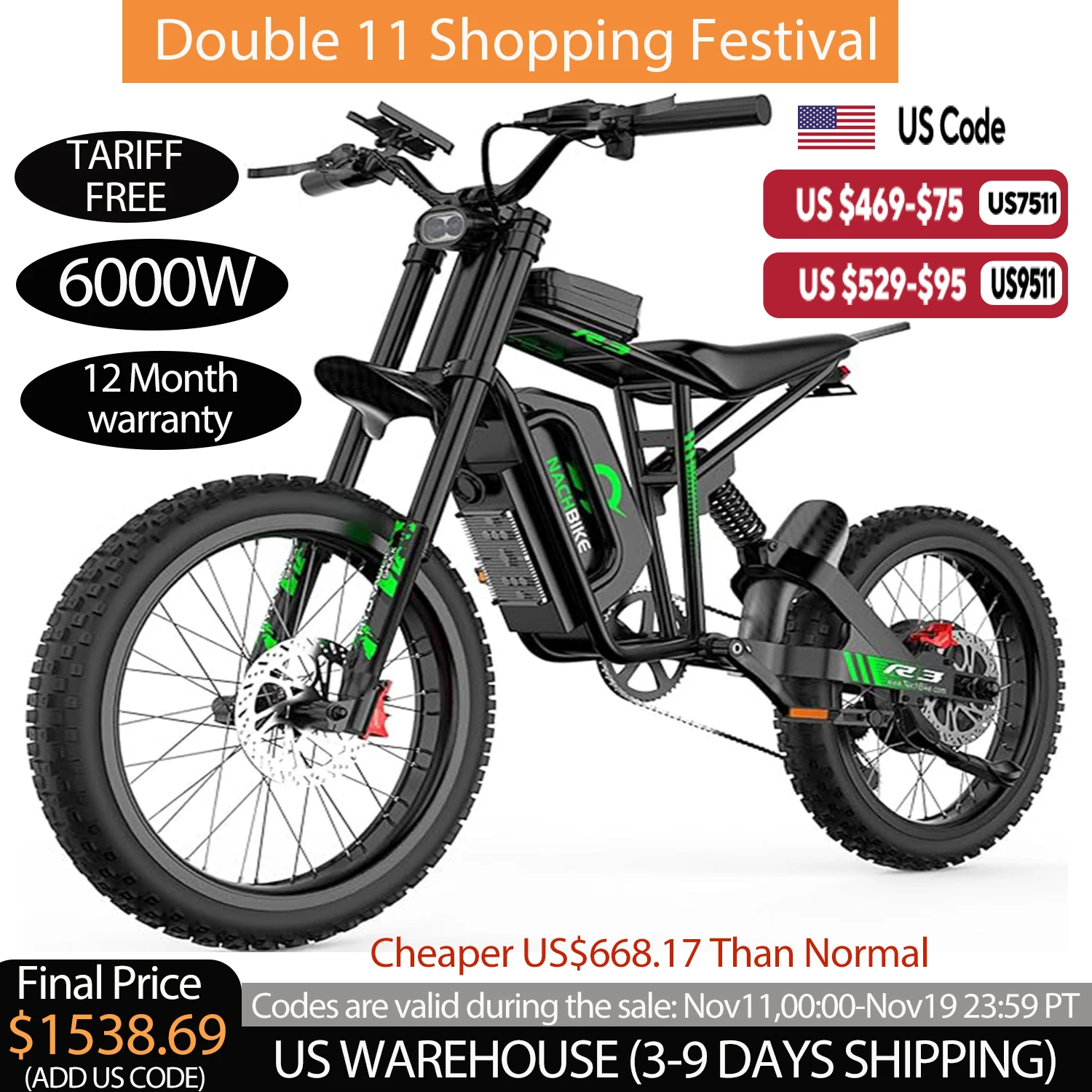 NEW R3 Electric Dirt Bike Peak 6000W Brushless 50MPH 50 Miles Ebike with 60V25Ah Battery 19" Tires Off Road Electric Motorcycle
NEW R3 Electric Dirt Bike Peak 6000W Brushless 50MPH 50 Miles Ebike with 60V25Ah Battery 19" Tires Off Road Electric Motorcycle