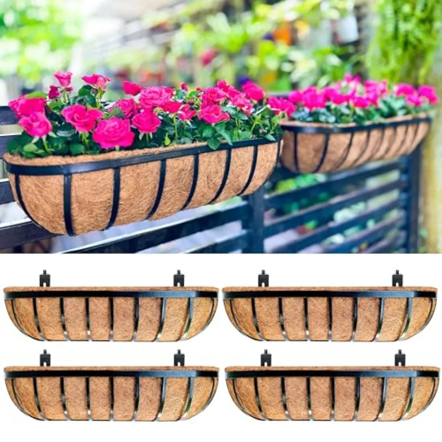 Outdoor railing planter boxes, black metal, 30-inch rectangular hanging planters with coco liner for deck, fence, balcony, porc
Outdoor railing planter boxes, black metal, 30-inch rectangular hanging planters with coco liner for deck, fence, balcony, porc