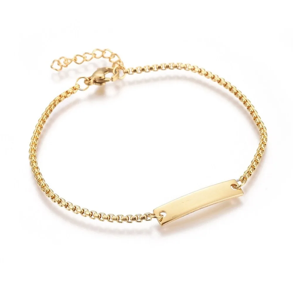Ion Plating(IP) 304 Stainless Steel ID Bracelets with Box Chains and Lobster Claw Clasps Rectangle Golden 7-3/8 inch(18.7cm) 2mm
Ion Plating(IP) 304 Stainless Steel ID Bracelets with Box Chains and Lobster Claw Clasps Rectangle Golden 7-3/8 inch(18.7cm) 2mm